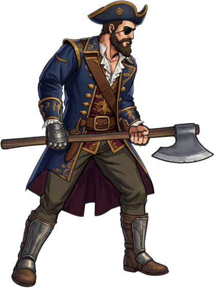 Male pirate in a blue coat, beard, eyepatch, and a boarding axe