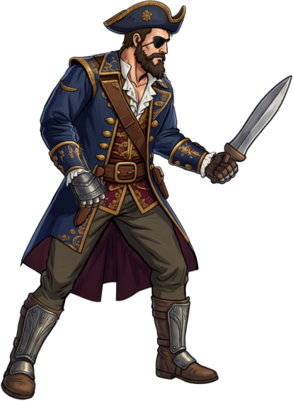Male pirate in a blue coat, beard, eyepatch, and a cutlass