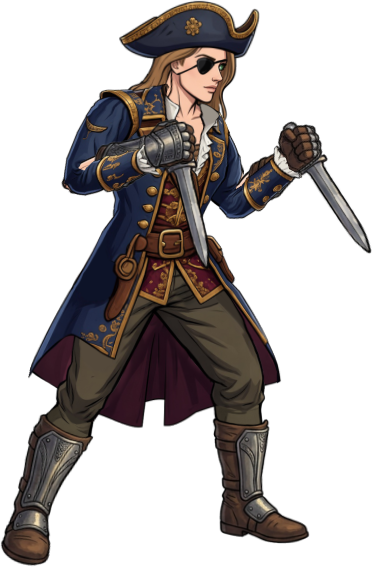 Female pirate in a blue coat, eyepatch, and twin daggers