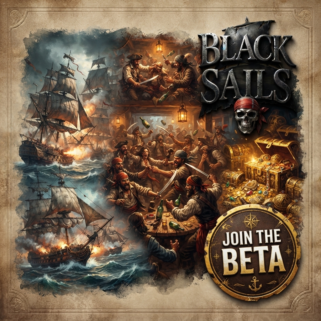 Black Sails poster: a sea battle, a tavern brawl, treasure, and a Join the Beta seal